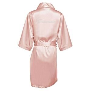 Light Pink Silky Satin Robe Rhinestone Bridesmaid NEW 3/4 Sleeve Wedding L/XL